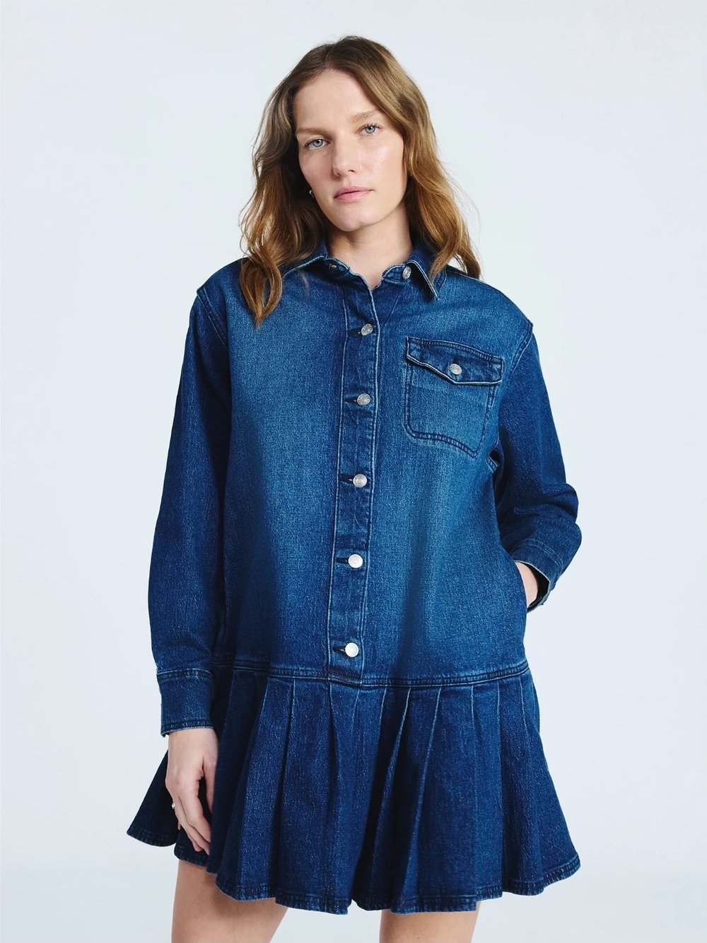 Dark Blue Denim Mini Shirt Dress NWT - Picture 2 of 12